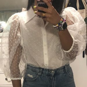 Zara white puffed sleeve top sheer back